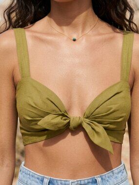 Anthropologie Maeve Moss Green Smocked Back Tie Front Cropped Top Size M NWT